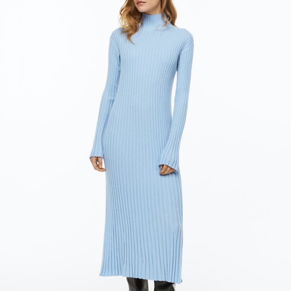 H&M light blue oversized ribbed knit pure merino wool maxi dress NWT